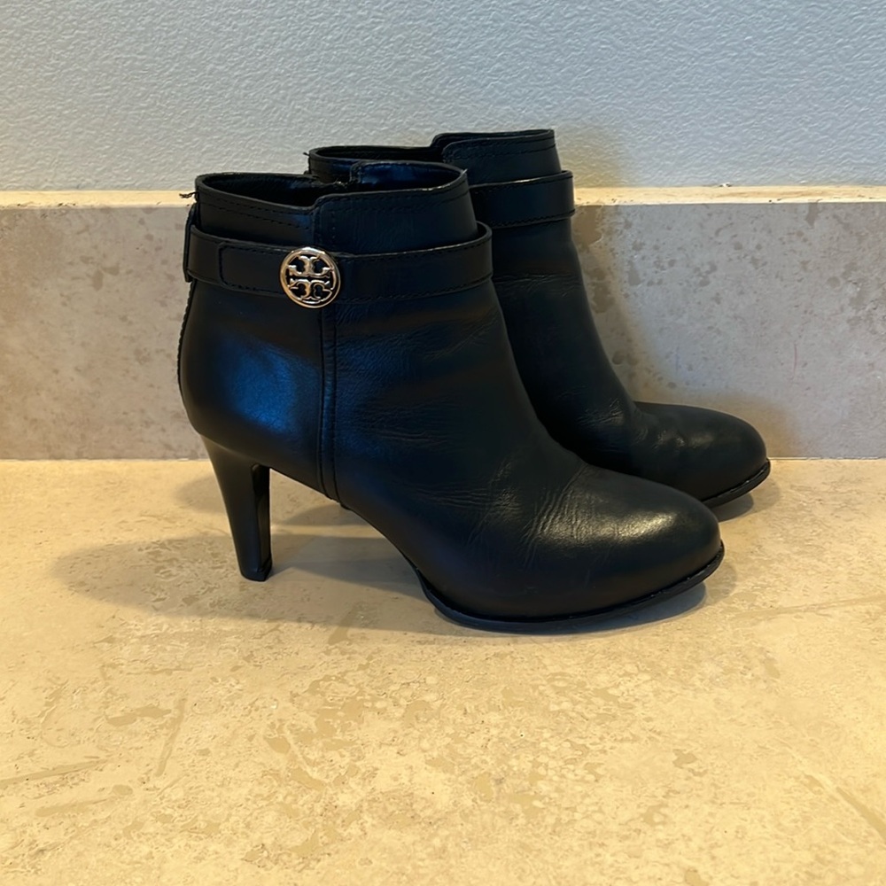 Tory Burch Black Leather Ankle Booties with Gold Logo Accent